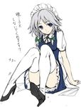  bad_id bad_pixiv_id blue_eyes braid convenient_leg high_heels izayoi_sakuya maid_headdress ribbon shoes short_hair silver_hair solo takemori_shintarou thighhighs touhou translation_request twin_braids white_legwear 