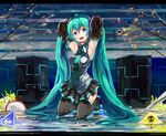  absurdres aqua_hair armpits arms_behind_head arms_up bad_id bad_pixiv_id blue_eyes boots detached_sleeves hajime_kaname hatsune_miku headphones highres kneeling letterboxed long_hair necktie open_mouth skirt solo thigh_boots thighhighs twintails very_long_hair vocaloid water 