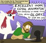  beard blue_eyes brown_hair comic computer english_text equine facial_hair female feral friendship_is_magic hair horn horse human lauren_faust_(character) lauren_faust_(mlp) male mammal my_little_pony o.o o_o omny87 pony red_hair screaming shouting simple_background text traditional_royal_canterlot_voice winged_unicorn wings yelling 