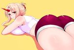  ass blonde_hair breast_press breasts buruma crop_top han_(jackpot) horn hoshiguma_yuugi large_breasts light_smile long_hair looking_at_viewer looking_back lying on_stomach red_eyes shorts sidelocks solo thighs touhou yellow_background 