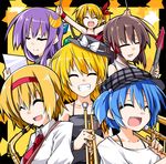  album_cover alice_margatroid alternate_costume alternate_headwear bass_guitar blonde_hair blue_hair bow brown_hair closed_eyes cover crescent drumsticks flandre_scarlet grin guitar hair_ribbon hair_tubes hakurei_reimu hat hat_bow hemogurobin_a1c instrument kawashiro_nitori kirisame_marisa long_hair multiple_girls patchouli_knowledge pointy_ears purple_hair ribbon saxophone short_hair smile touhou trombone trumpet two_side_up 