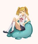  akino_komichi bean_bag_chair blonde_hair crossed_legs full_body hikaru_(houkago_no_pleiades) houkago_no_pleiades kneehighs looking_at_viewer mary_janes panties school_uniform shoes sitting smile solo twintails underwear white_background white_legwear white_panties yellow_eyes 