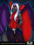  blue blue_bits blue_eyes blue_hair blue_nipples blue_nose breasts canine cat chest_tuft clothing confidence dog dragon feline female fluffy fluffy_tail fur hair hybrid long_hair looking_at_viewer mammal nipples pants temrin temrin_(character) topless tuft wings wolf 