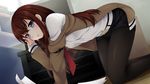  :o bad_id bad_pixiv_id black_legwear blue_eyes blush dress_shirt etou_(cherry7) highres kneeling legwear_under_shorts long_hair looking_at_viewer makise_kurisu necktie pantyhose red_hair red_neckwear shirt shorts solo steins;gate 