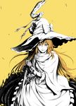  bad_id bad_pixiv_id brown_hair hat hat_ribbon holding kirisame_marisa long_hair looking_at_viewer ribbon simple_background solo spot_color staff touhou wind witch_hat yellow_background yellow_eyes zucchini 