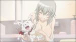  animated animated_gif binbougami_ga! breasts brown_hair dog eyes_closed green_eyes grey_hair large_breasts long_hair lowres momou_(binbougami_ga!) nude sakura_ichiko screencap shower shower_scene transformation 