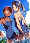  2girls adjusting_clothes adjusting_swimsuit blush blush_stickers breasts dark_skin flat_chest green_eyes kappa long_hair looking_at_viewer looking_back multiple_girls naav original outdoors pink_hair purple_hair short_hair short_twintails small_breasts smile swimsuit thigh_gap thighs twinpoo twintails water yellow_eyes 