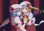  :d anime_coloring ascot bad_id bad_pixiv_id bat_wings blonde_hair blue_hair bow flandre_scarlet hat hat_bow hat_ribbon highres holding_hands interlocked_fingers looking_at_viewer multiple_girls open_mouth puffy_short_sleeves puffy_sleeves red_eyes remilia_scarlet ribbon short_hair short_sleeves siblings side_ponytail sisters skirt skirt_set smile touhou tuyuki8696 window wings wrist_cuffs 