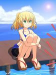  bad_proportions bikini_top blonde_hair cato_(monocatienus) cloud day dock feet green_eyes highres knees_on_chest leg_hug lens_flare mizuhashi_parsee pointy_ears ponytail sandals sitting skirt sky solo sun swimsuit touhou water 