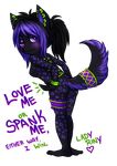  alpha_channel anthro black_body blush breasts canine english_text female humor looking_at_viewer mammal multicolored_leg_garters multicolored_tail_garters nude plain_background purple purple_eyes purple_nose purple_tattoos purple_text riny spanking spots text transparent_background wolf 