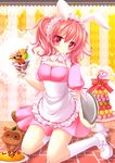  animal_ears blush bunny_ears food inu_x_boku_ss kneeling leaf leaf_on_head looking_at_viewer macaron maid maid_headdress omurice parfait pink_eyes pudding raccoon red_hair roromiya_karuta solo tray yuutsuki_hina 