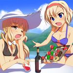  alcohol alice_margatroid alternate_hairstyle alternate_headwear annoyed arguing bad_id bad_pixiv_id bikini_top blonde_hair blue_eyes blush bottle breasts chin_rest cleavage cloud day food glass hairband hat hill kirisame_marisa long_hair medium_breasts multiple_girls mushroom one_eye_closed open_mouth pilky ponytail short_hair sky small_breasts table tablet touhou wine 