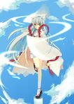  animal_ears cat_ears clog_sandals cloud day highres japanese_clothes leg_lift long_hair looking_at_viewer original sechichi_xd sky solo standing standing_on_one_leg white_hair yellow_eyes 