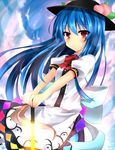  bad_id bad_pixiv_id blue_hair blush bow cloud food fruit hat hinanawi_tenshi leaf long_hair peach puffy_sleeves red_eyes short_sleeves sky solo sword sword_of_hisou touhou weapon yarawi 