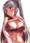  1girl black_bra blue_eyes blue_hair bra breasts closed_mouth eyebrows_visible_through_hair isuzu_(kantai_collection) kantai_collection large_breasts lifted_by_self long_hair red_neckwear simple_background solo takahashi_meishin twintails underwear white_background 