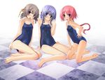  barefoot blue_hair blush braid breasts brown_hair checkered checkered_floor feet hair_ornament highres long_hair multiple_girls one-piece_swimsuit open_mouth pink_hair sakuya_tsuitachi school_swimsuit shiny short_hair small_breasts smile sukumizu_tabehoudai swimsuit 