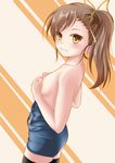  black_legwear blush brown_hair covering covering_breasts fuku_d futami_mami grin hair_ribbon highres idolmaster idolmaster_(classic) looking_at_viewer one-piece_swimsuit ribbon school_swimsuit side_ponytail smile solo swimsuit swimsuit_pull thighhighs yellow_eyes 