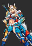  absurdres armor hands_on_hips highres midriff monster_hunter monster_hunter_portable_3rd navel realmbw smile solo sword weapon white_hair yellow_eyes zinogre_(armor) 