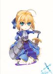  ahoge armor armored_dress artoria_pendragon_(all) blonde_hair chibi dress excalibur fate/zero fate_(series) gauntlets green_eyes hair_ribbon hands_on_hilt nachu_(supobake) planted_sword planted_weapon ribbon saber solo sword weapon 