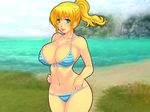  1girl beach bikini blond_daisuki! blonde_hair breasts large_breasts ocean ponytail smile solo swimsuit yoko_juusuke 
