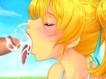  1boy 1girl bare_shoulders blond_daisuki! blonde_hair blush censored cum cum_in_mouth ejaculation eyes_closed long_tongue lowres open_mouth outdoors penis sky tongue yoko_juusuke 
