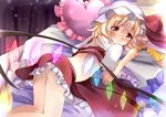  bad_id bad_pixiv_id bed blonde_hair blush crystal flandre_scarlet frilled_pillow frills hat hat_ribbon heart highres lying pillow puffy_sleeves red_eyes ribbon short_hair short_sleeves solo touhou ukita_uuko wings 