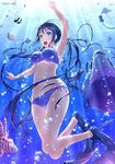  :d amanchu! arm_up bikini blue_eyes blue_hair blush bubble clownfish diving fins fish flippers freediving groin highres kazeno long_hair looking_at_viewer ooki_futaba open_mouth sea_turtle side-tie_bikini smile solo swimming swimsuit turtle underwater very_long_hair 