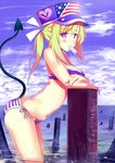  bikini blonde_hair blush breasts cleavage cloud cloudy_sky crossed_arms day demon_tail doodle food hair_ribbon hat highres kawano_masatoshi leaning_forward long_hair medium_breasts mouth_hold navel original panties ponytail popsicle purple_bikini purple_eyes ribbon side-tie_bikini sky solo striped striped_panties swimsuit tail underwear wading water 
