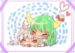  absurdres bad_id bad_pixiv_id blush bow chibi closed_eyes ex-keine fang fujiwara_no_mokou green_hair heart highres horns kamishirasawa_keine multiple_girls open_mouth pink_hair saliva touhou tryforse 