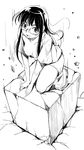  blush breasts broken_ground crack cube downblouse falling glasses kneeling kubocha long_hair looking_at_viewer medium_breasts monochrome motion_lines original sidelocks simple_background smile solo white_background 