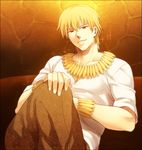  bad_id bad_pixiv_id blonde_hair bracelet couch fate/zero fate_(series) gilgamesh jewelry male_focus necklace red_eyes sitting solo sparkle zihad 