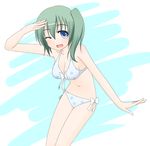  bad_id bad_pixiv_id bare_legs bare_shoulders bikini blue_eyes bow_bikini breasts cleavage collarbone daiyousei edamame_(barium) front-tie_top green_hair highres looking_at_viewer medium_breasts navel no_wings one_eye_closed open_mouth polka_dot polka_dot_bikini polka_dot_swimsuit side-tie_bikini side_ponytail smile solo swimsuit touhou 