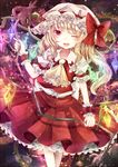  ascot bad_id bad_pixiv_id blonde_hair blush bow crystal fang flandre_scarlet frills hat hat_bow jaku_sono laevatein open_mouth puffy_sleeves red_eyes short_hair short_sleeves side_ponytail solo touhou weapon wings wrist_cuffs 