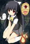  black_hair blush borubomu bow chouchin_obake eyes fire ghost hair_bow kneeling lantern long_hair open_mouth original red_eyes solo tongue triangular_headpiece 