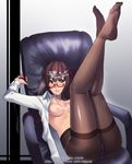  bad_id bad_pixiv_id breasts brown_eyes brown_hair brown_legwear chair cum cum_on_body cum_on_breasts cum_on_hair cum_on_upper_body glasses highres jjune legs_up long_hair medium_breasts original panties panties_under_pantyhose pantyhose red-framed_eyewear solo thighband_pantyhose underwear 