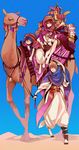  2boys :t aladdin_(magi) ali_baba_saluja animal arabian_clothes barefoot bird birdcage blonde_hair blue_hair braid cage camel desert highres magi_the_labyrinth_of_magic morgiana multiple_boys nair red_eyes red_hair sweat yellow_eyes 