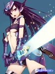  armlet bare_shoulders breasts copyright_name gauntlets glowing headgear junketsu_duelion long_hair mecha_musume medium_breasts official_art open_mouth oumigahara_kirei purple_eyes purple_hair simple_background solo sword thighhighs translated underboob weapon yangsion 