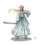  1boy alternate_costume blonde_hair dual_wielding full_body japanese_clothes kaku_(one_piece) long_hair male male_focus one_piece solo standing sword weapon 