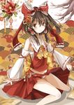  blush bow brown_eyes camellia detached_sleeves embellished_costume flower hair_bow hair_tubes hakurei_reimu highres ponytail sarashi short_hair sitting smile solo sumi_mi touhou wide_sleeves 