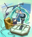  detached_sleeves green_eyes green_hair hatsune_miku kubocha long_hair microphone necktie open_mouth skirt solo tears thighhighs twintails very_long_hair vocaloid 