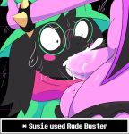  2018 anthro black_fur blush caprine clothed clothing deltarune dickgirl digital_media_(artwork) eyewear fur glasses goat hair hat intersex male mammal not_safe_for_reality oral ralsei reptile scalie scarf simple_background solo susie_(deltarune) text video_games 