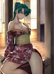  alternate_costume arm_support bad_id bad_pixiv_id bare_shoulders breasts cleavage collarbone earrings fire_emblem fire_emblem:_rekka_no_ken fusuma green_eyes green_hair japanese_clothes jewelry kimono long_hair lyndis_(fire_emblem) medium_breasts obi off_shoulder pillar ponytail sash shinon_(tokage_shuryou) shouji sitting sliding_doors smile solo 