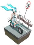  39 aqua_eyes aqua_hair bad_id bad_pixiv_id boots cross-section dress faux_figurine floating_hair full_body gloves goggles ground_vehicle guard_rail hatsune_miku helmet highres long_hair motor_vehicle motorcycle riding road_sign sign simple_background solo twintails vocaloid white_background yosiya 