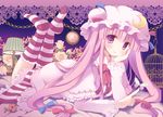  bad_id bad_pixiv_id birdcage blush bug butterfly cage crescent flower hand_on_own_face hat insect lamp legs_up long_hair looking_at_viewer lying mizuse_kiseki on_stomach patchouli_knowledge purple_eyes purple_hair smile solo striped striped_legwear touhou 