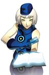  bare_shoulders book card dress elizabeth_(persona) gloves hat highres jeffrey_cruz looking_at_viewer persona persona_3 persona_4:_the_ultimate_in_mayonaka_arena short_hair sleeveless smile smirk solo watermark white_hair yellow_eyes 