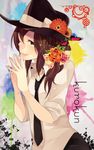  brown_eyes brown_hair dress_shirt flower hat kurokun_(nico_nico_douga) long_hair momoiro_oji necktie niconico one_eye_closed original shirt side_ponytail sleeves_rolled_up solo 