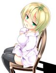  black_legwear blush breasts chair cleavage collarbone green_eyes green_hair large_breasts long_sleeves looking_back open_mouth original shirt short_hair sitting so-ren solo thighhighs white_background 