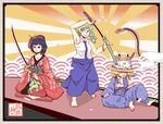  armpits barefoot cloud frog hair_ornament hat japanese_clothes jiru_(jirufun) katana kimono kiseru kochiya_sanae moriya_suwako multiple_girls pipe rising_sun sarashi seigaiha sitting smoking snake sun sunburst sword touhou weapon yasaka_kanako 