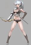  armor arrow bad_id bad_pixiv_id belt bikini bow_(weapon) breasts cleavage collar elbow_gloves elf fingerless_gloves gloves green_eyes medium_breasts midriff oetarou open_mouth original panties pointy_ears shiny shiny_skin silver_hair solo swimsuit underwear weapon 