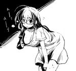  blush breasts copyright_request downblouse glasses greyscale kubocha large_breasts long_hair looking_at_viewer monochrome shirt_pull solo 